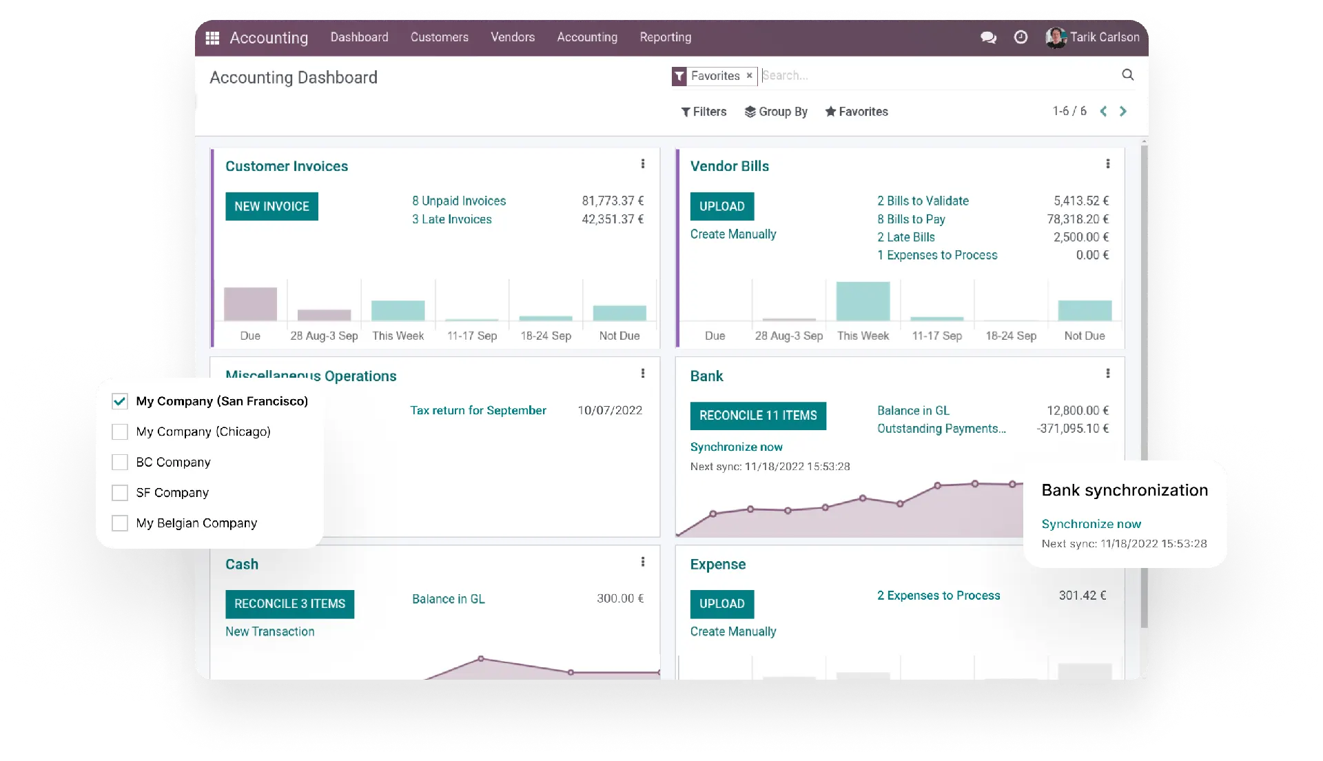 Odoo Accounting - Azkatech Odoo Accounting dashboard with customer invoices, vendor bills and bank journals