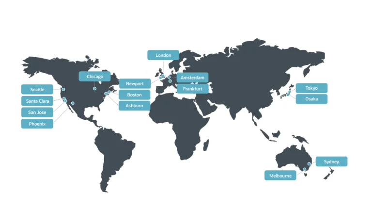 Map showing NetSuite server locations and global data center infrastructure
