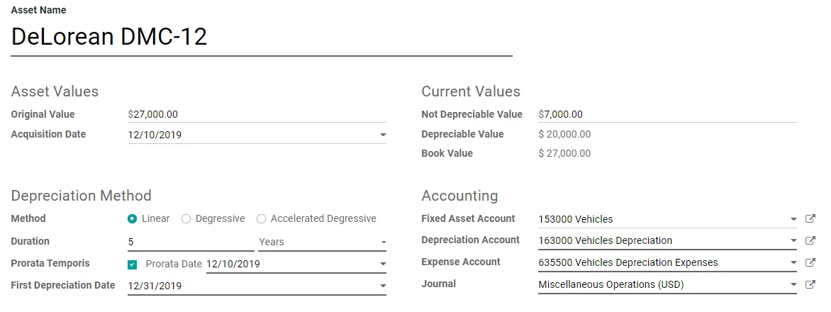 Odoo Accounting - Azkatech Odoo Accounting asset form with linear depreciation and the accounts it posts to