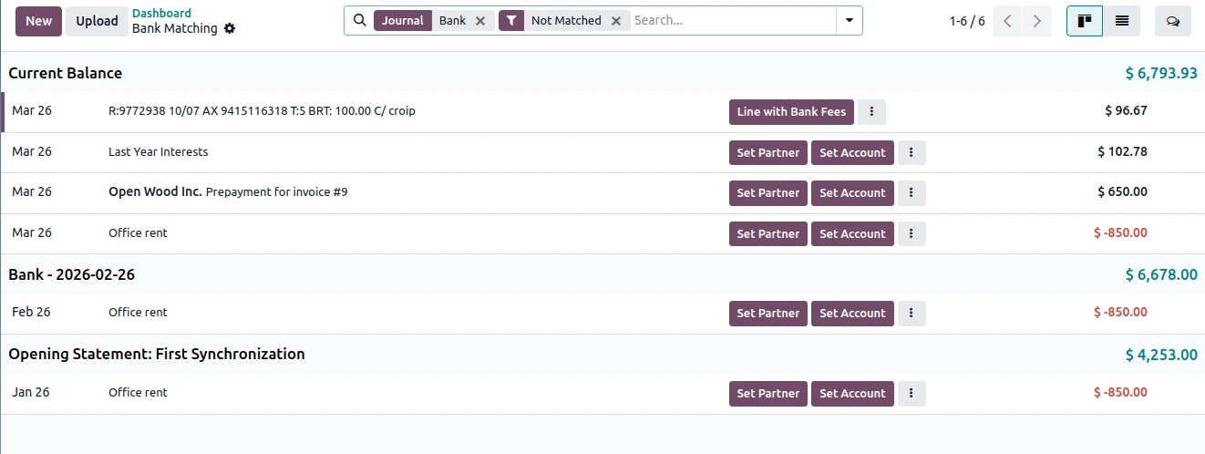 Odoo Accounting - Azkatech Odoo Accounting bank reconciliation: bank transactions waiting to be matched with invoices, bills and payments