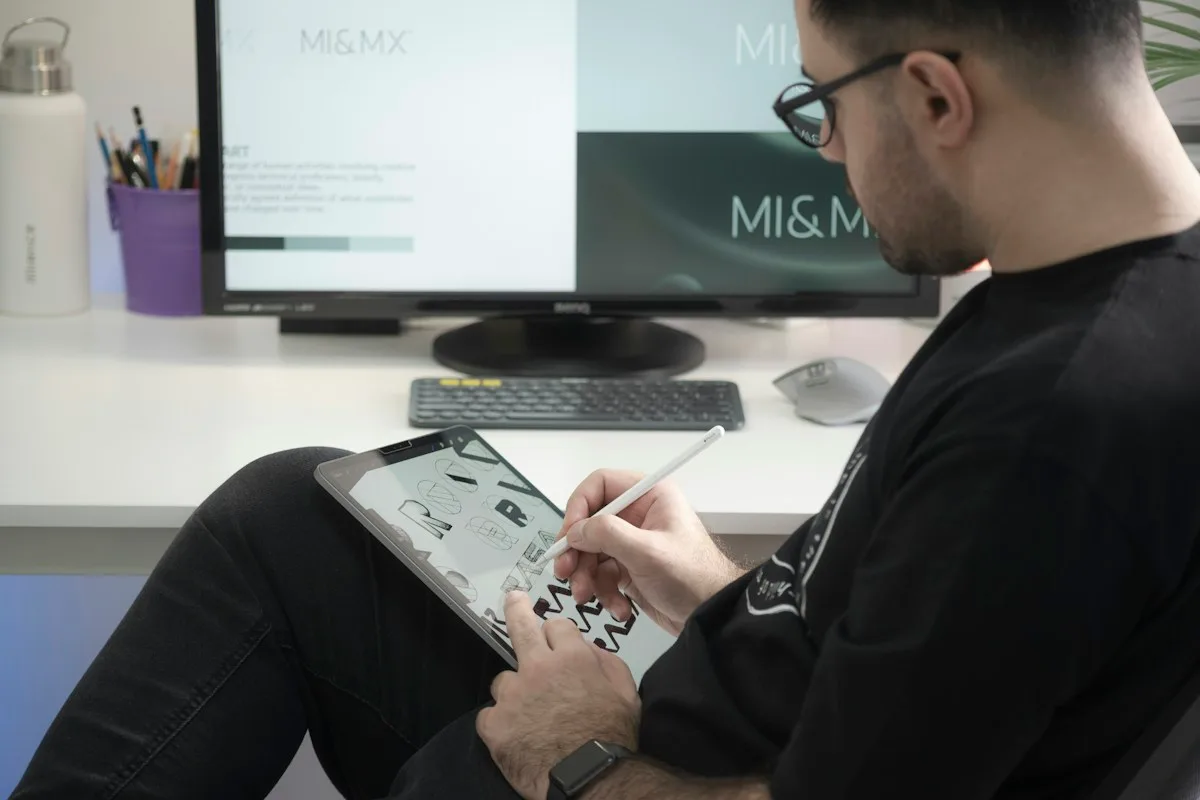 Designer sketching on a tablet beside a monitor
