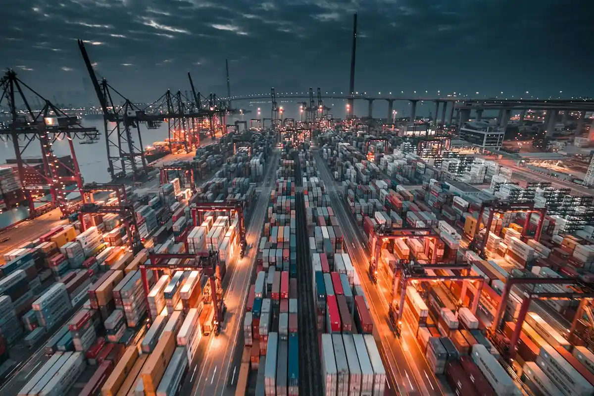 Shipping containers stacked at a sea port