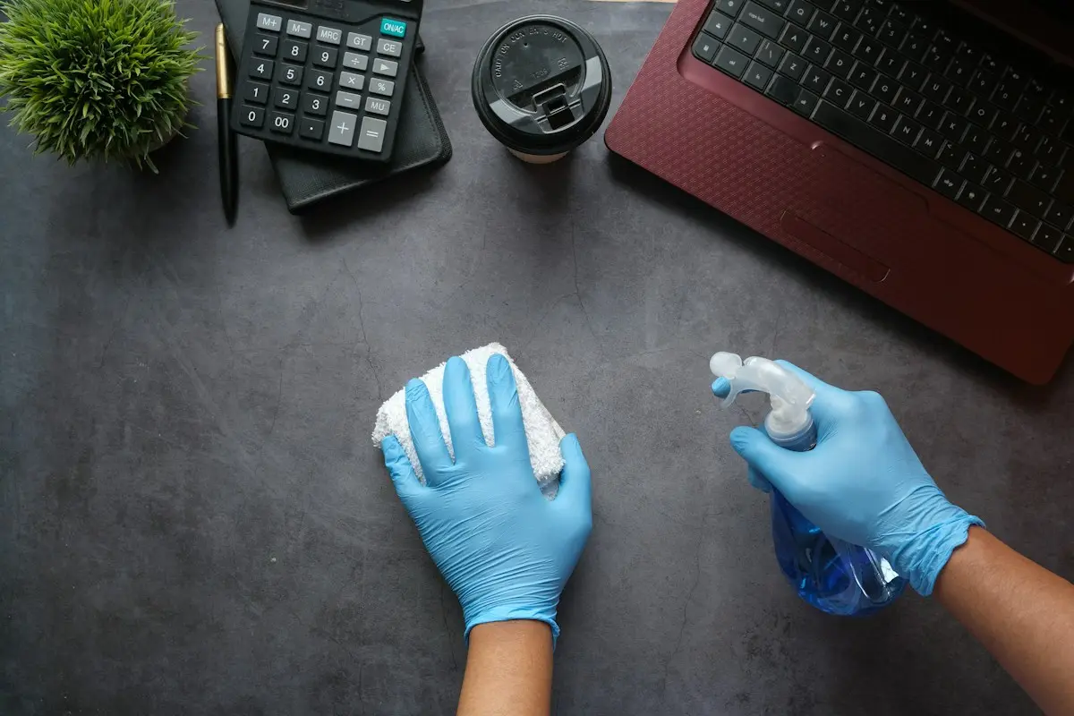 Cleaner in gloves wiping a desk