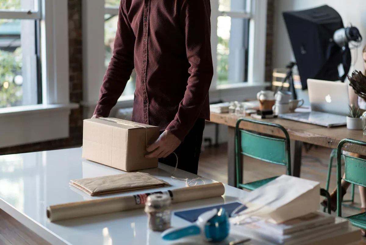 Person holding a cardboard parcel at a table