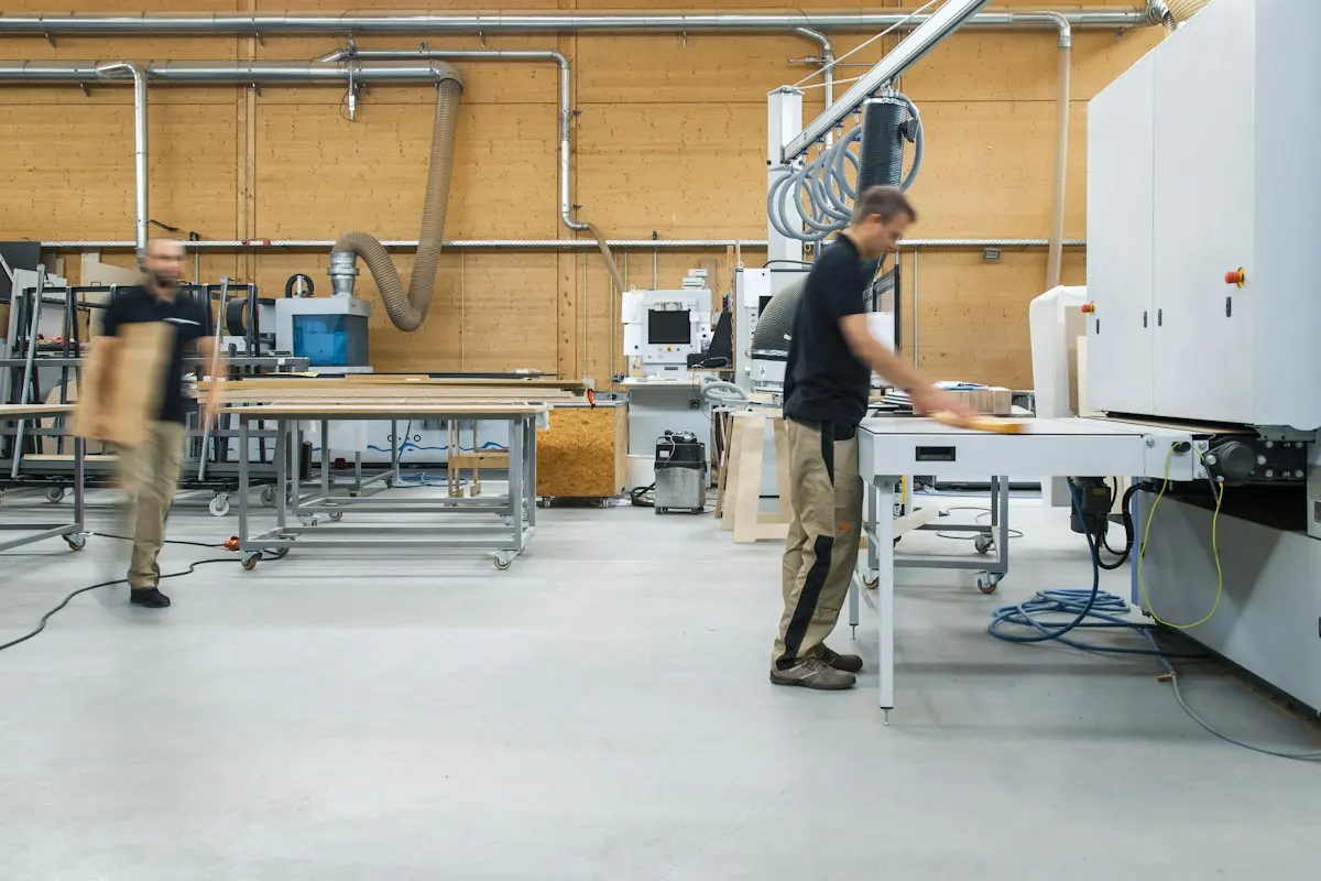 Two carpenters building a made-to-order piece of furniture in a workshop