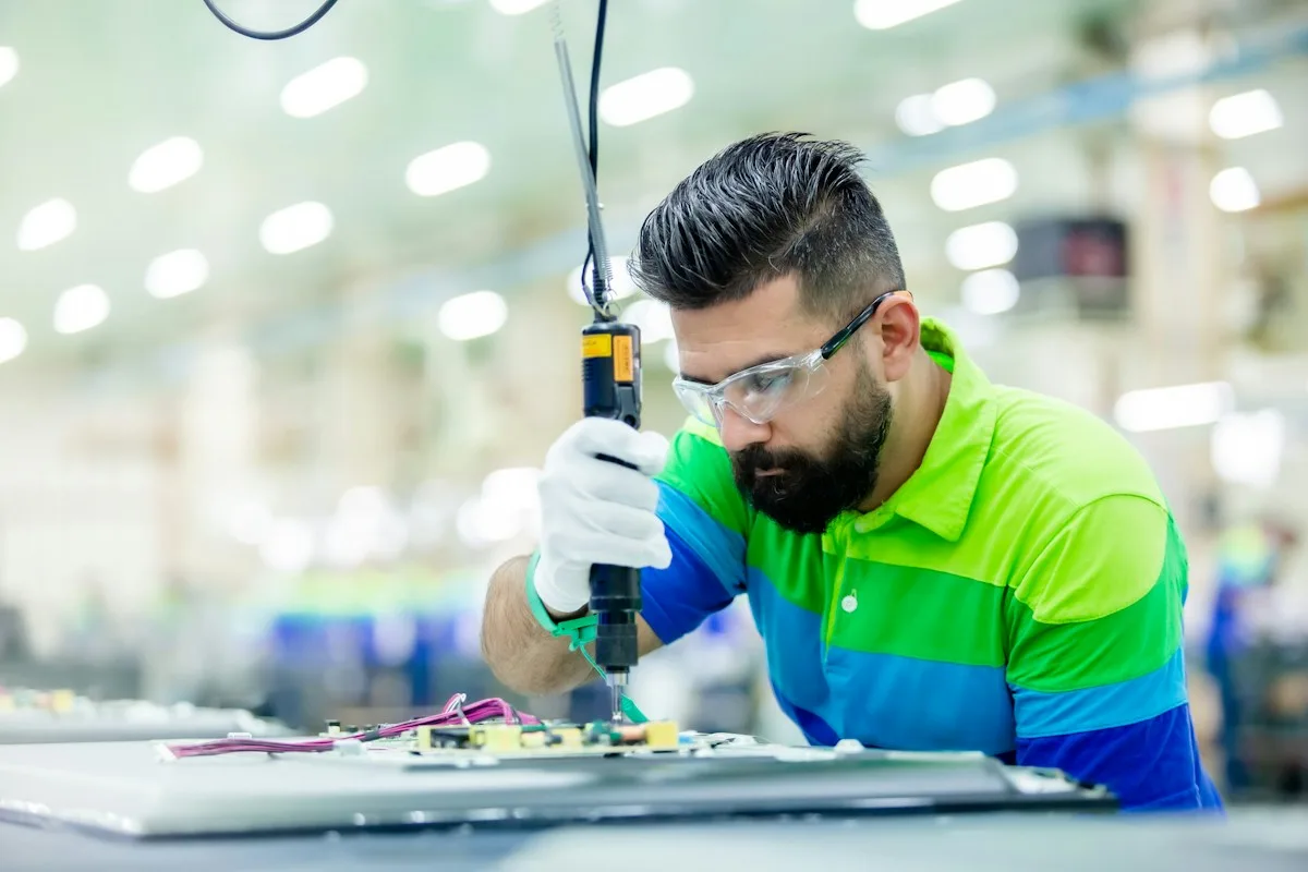 Operator assembling a part on the factory floor