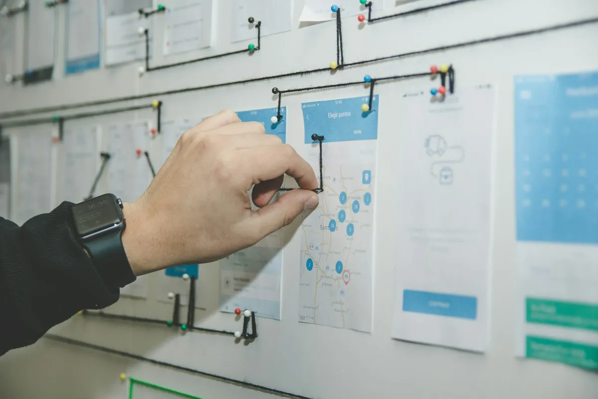 Person planning work on a wall of notes